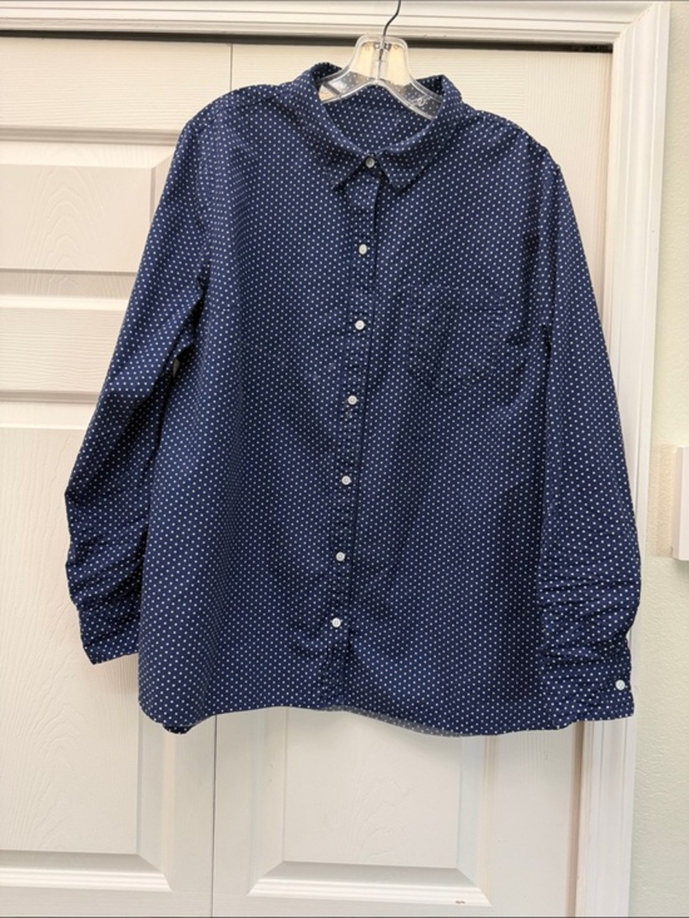 L.L. Bean Navy Blue Polka Dot Cotton Button-Down Shirt